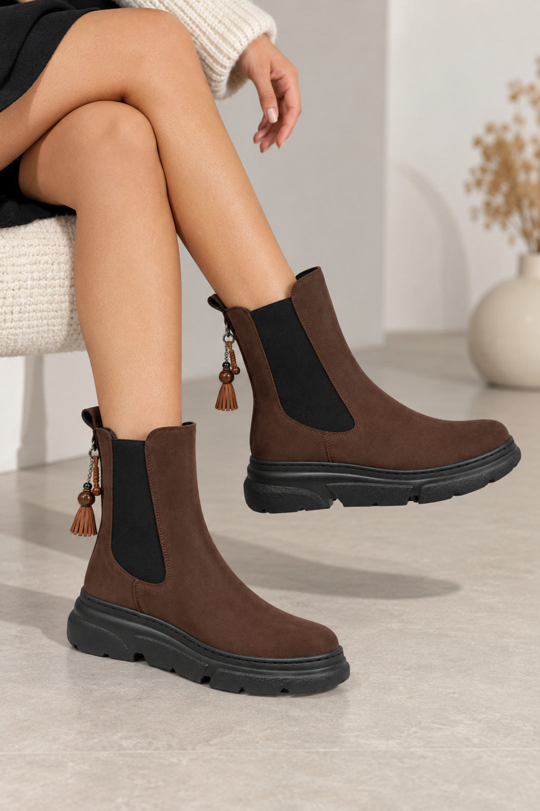 Wavelys Remi Bottes Femme en Cuir Suédé Marron à Talon Élastique Confortable - Marron