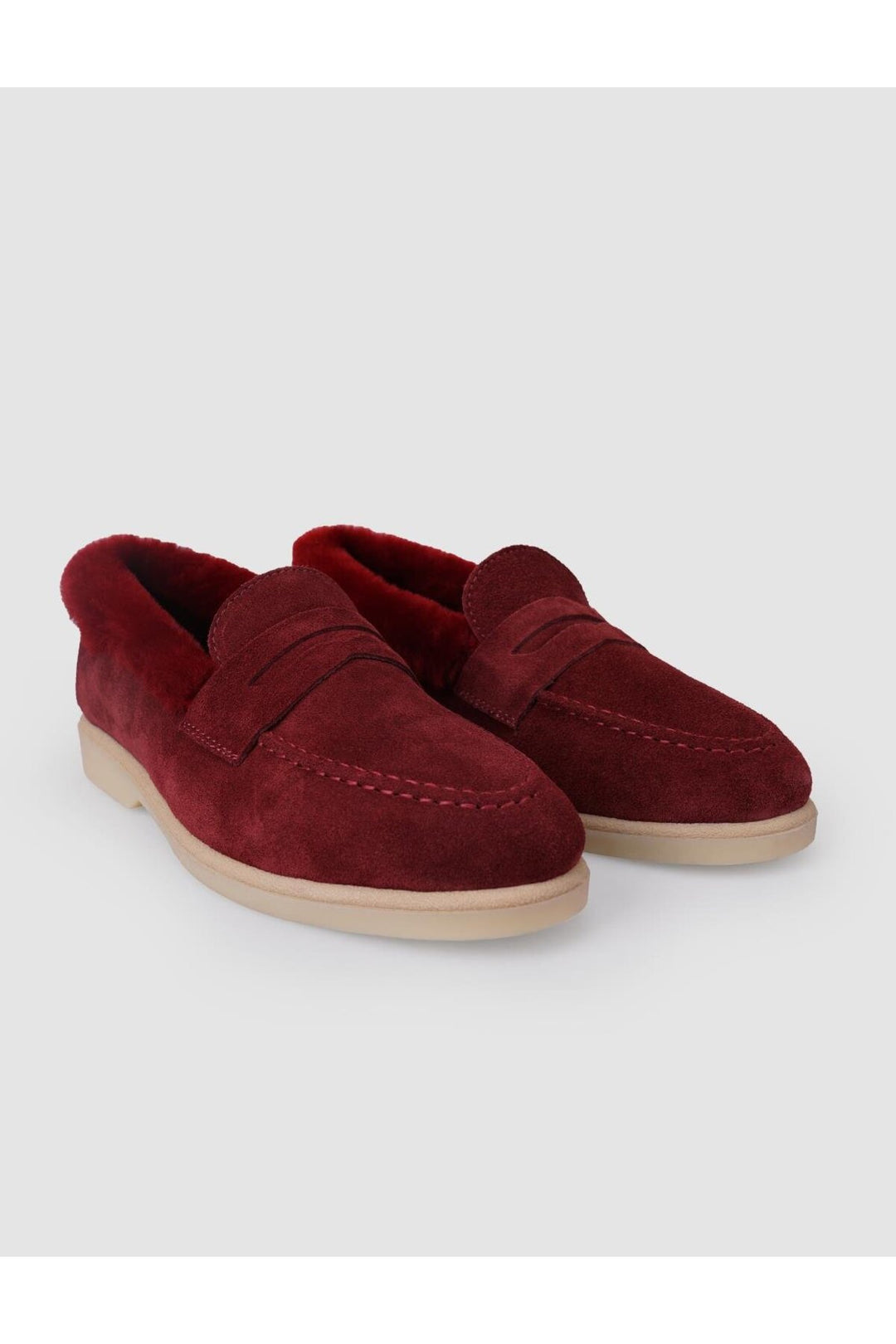 Cabani Shoes %100 Cuir véritable Mocassins en suède bordeaux pour femmes avec fourrure - Bordeaux