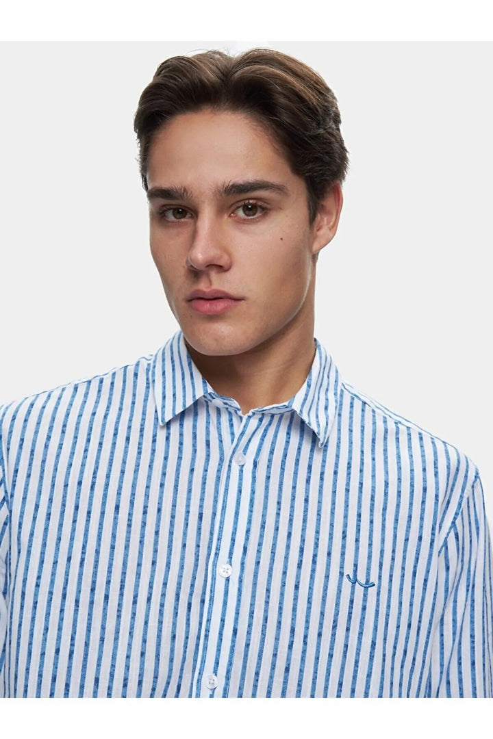 LTB Chemise crème à manches longues régulières rayée aspect lin