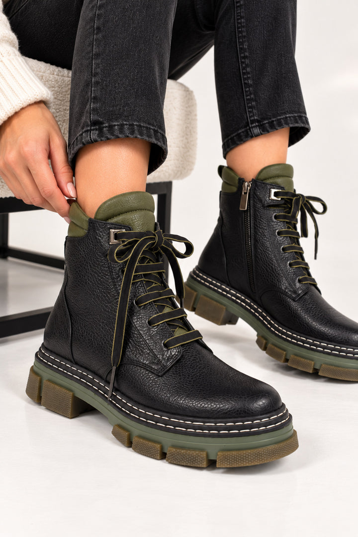 Wavelys Bottines pour femmes à lacets avec semelle épaisse et détails kaki noirs - Vert