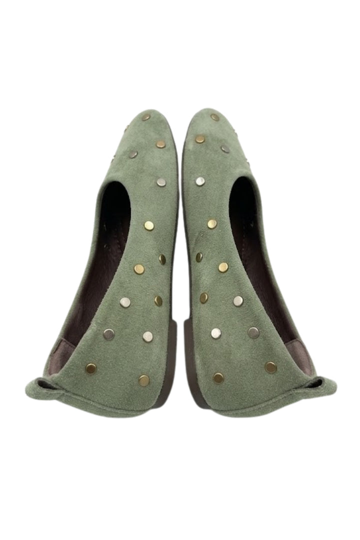 Wavelys LYN Chaussures Ballerines en Cuir Suédé Véritable à Semelle Confortable avec Clous Métalliques - Vert