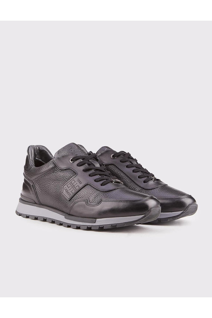 Cabani Shoes Sneaker sportif en cuir véritable noir avec fourrure pour homme à lacets. - Noir