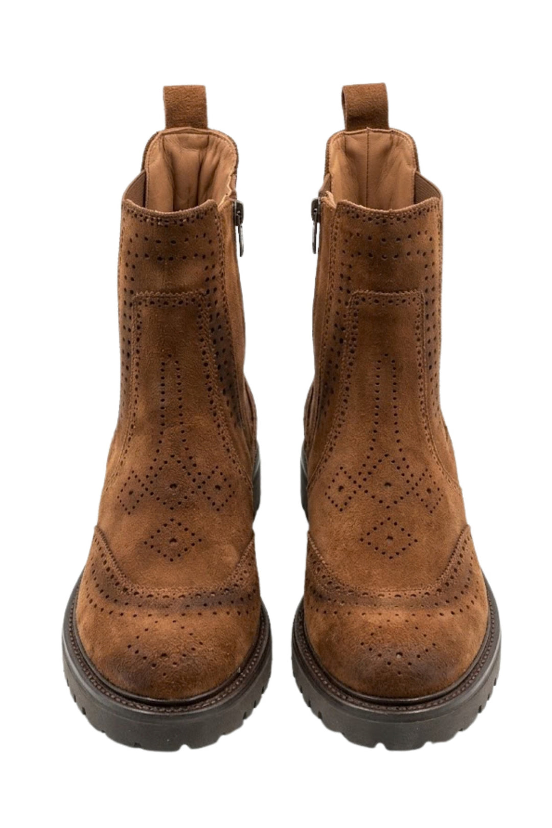 Wavelys ELCHE Bottes pour femmes en cuir suédé véritable couleur tabac avec détails de brûlage spécial et découpe au laser, élégantes et zippées. - Marron
