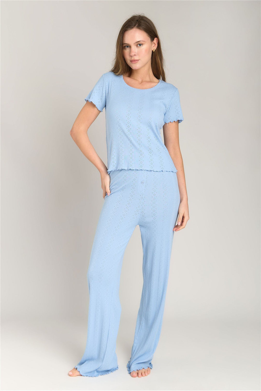 Lovely Things KIMBERLY Haut de pyjama T-shirt à manches courtes Pointelle - Clair Bleu
