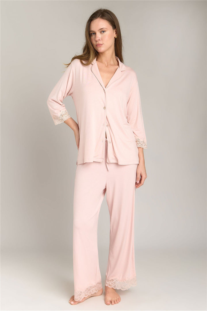 Lovely Things SOPHIA Ensemble de Pyjama en Tissu Tricoté avec Chemisier à Manches 3/4 et Pantalon - Rose