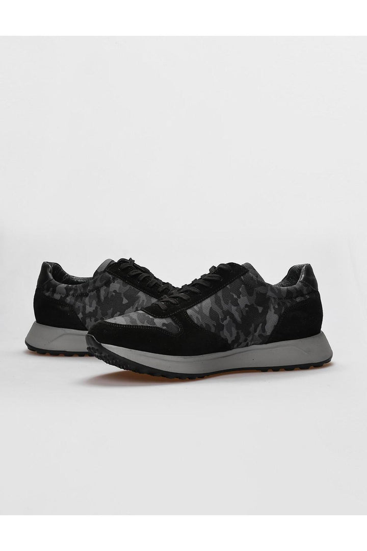 Cabani Shoes Chaussures de sport pour hommes en cuir véritable noir camouflage avec lacets - Noir