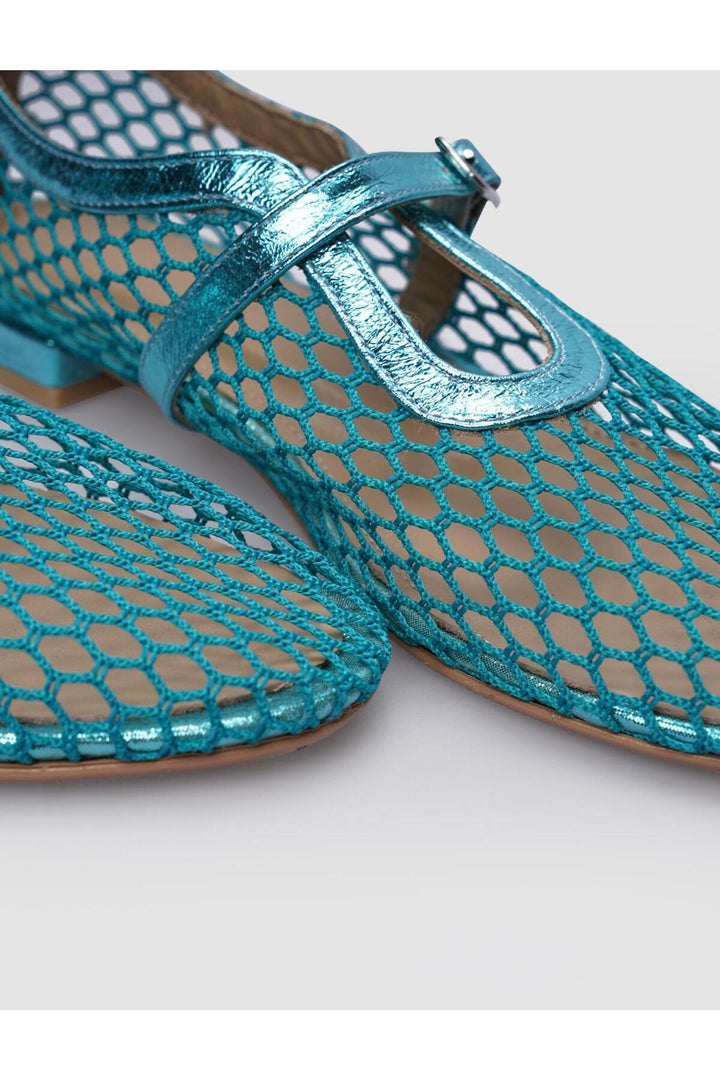 Cabani Shoes Ballerines pour femmes en cuir véritable 100% avec détail de boucle en filet bleu. - Bleu