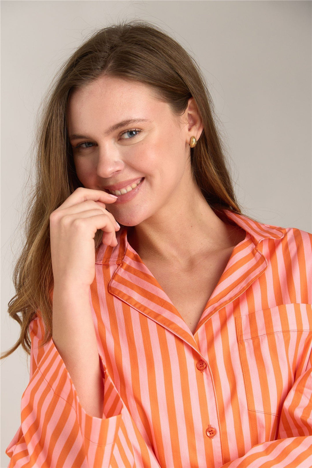 Lovely Things SUZIE Haut de pyjama en popeline à rayures à manches 3/4 - Orange