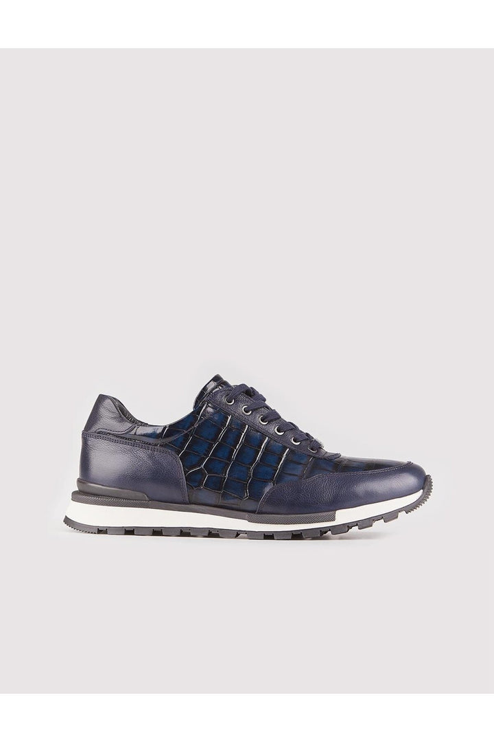 Cabani Shoes Chaussures de sport pour hommes en cuir véritable bleu marine à lacets imprimés - Bleu marine