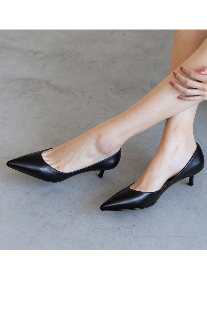 Wavelys Intérieur Extérieur Cuir Véritable Élégant Escarpin à Talon Kitten à Bout Pointu - Noir