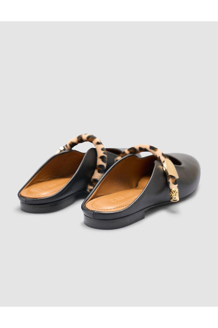 Cabani Shoes %100 Cuir Véritable Sandales Noires Femme Détails Léopard - Multicolore