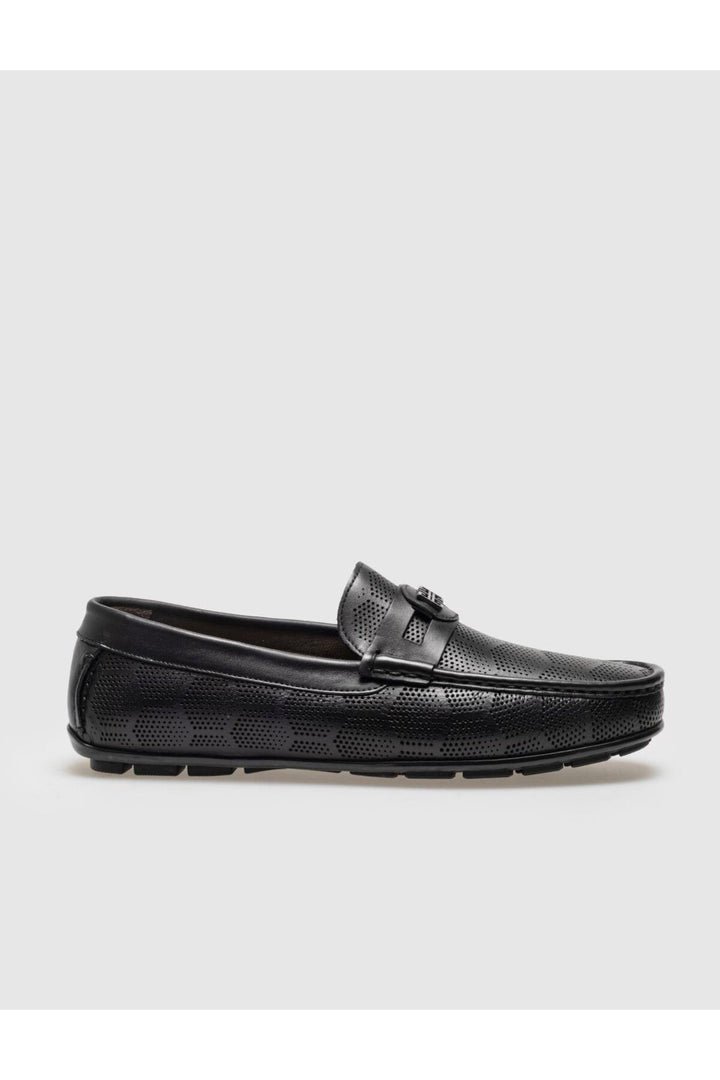 Cabani Shoes Mocassin homme sans lacets en cuir véritable noir à motif avec boucle - Noir