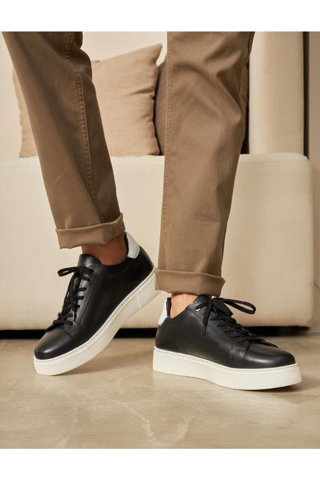 Cabani Shoes Chaussures de sport pour hommes en cuir véritable, noires, à lacets, avec semelle en EVA. - Noir