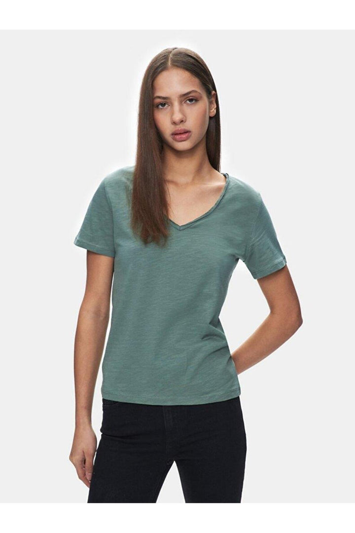 LTB Bafese - T-shirt à manches courtes avec col en V pressé -Femme- 1225801266089