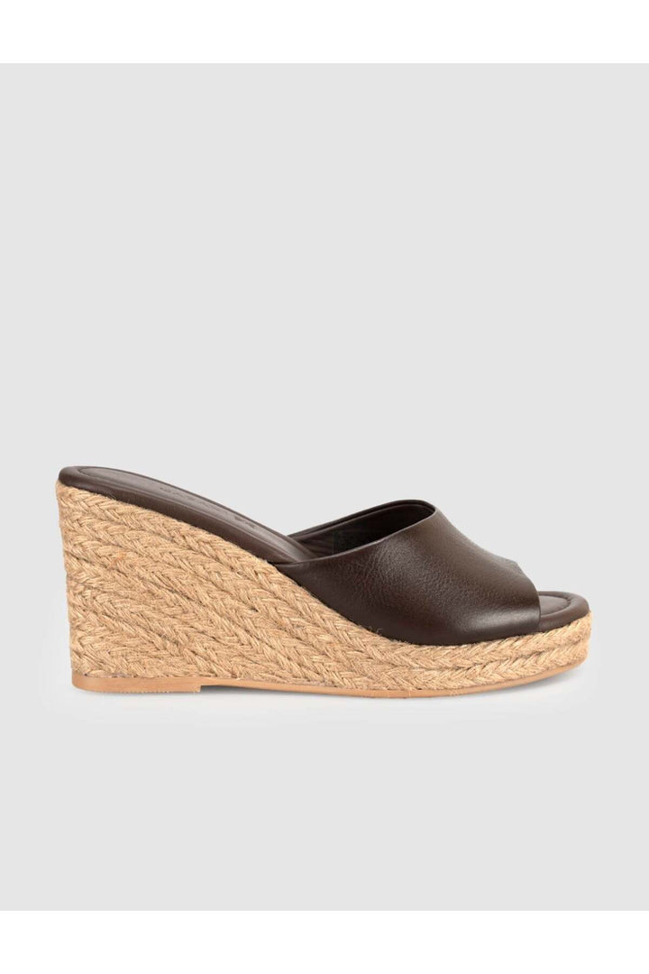 Cabani Shoes Sandales à talons compensés en cuir véritable marron avec semelle en paille pour femmes - Multicolore
