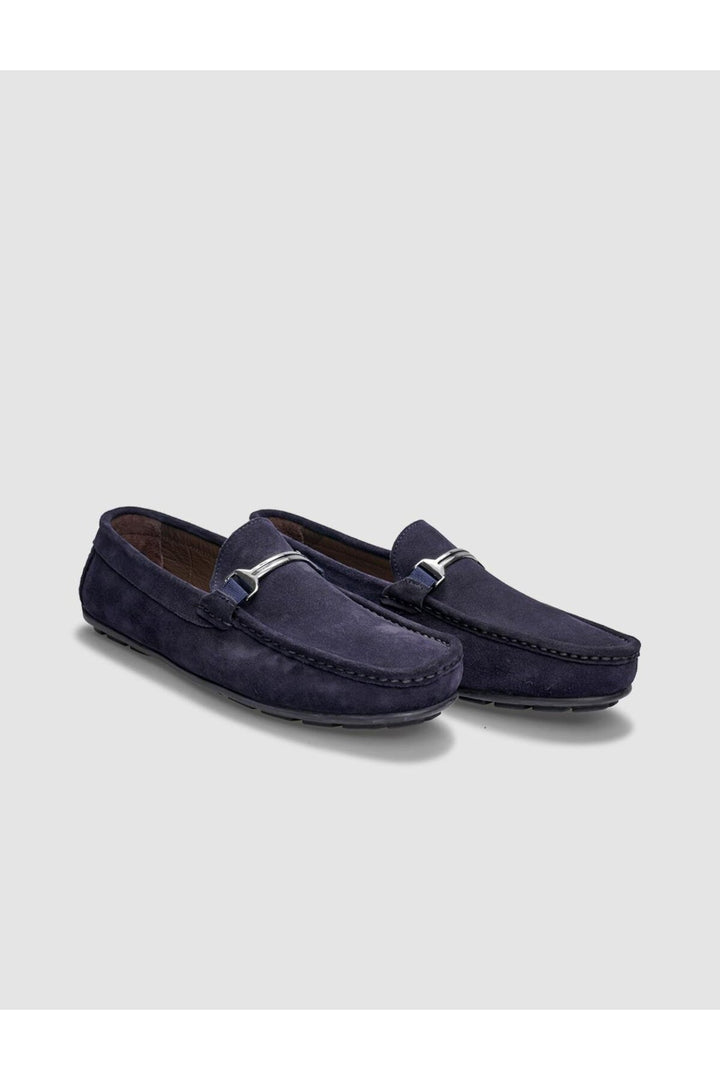 Cabani Shoes Mocassin pour homme en cuir véritable en suède bleu marine avec boucle. - Bleu marine