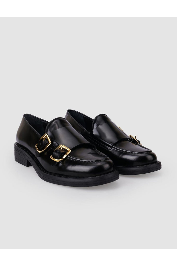 Cabani Shoes Chaussures de ville pour femmes en cuir véritable noir à double boucle 100% - Noir