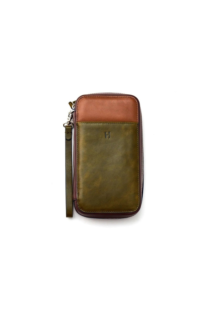 Helmbrook Sac à main en cuir véritable Bracelet Poche avant RFID Protégé Carlye Khaki Tan