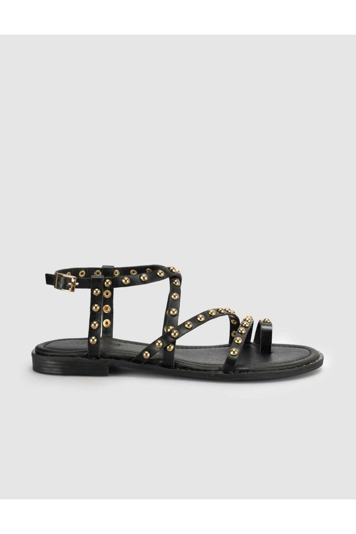 Cabani Shoes Sandales gladiateurs en cuir véritable avec détails en pierre noire pour femmes - Noir