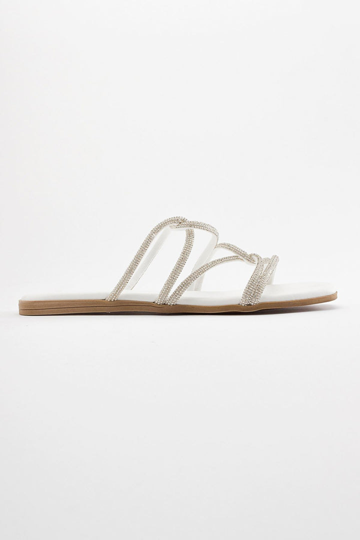 Wavelys Sreta Sandale d'été femme à semelle basse avec pierres brillantes - Blanc