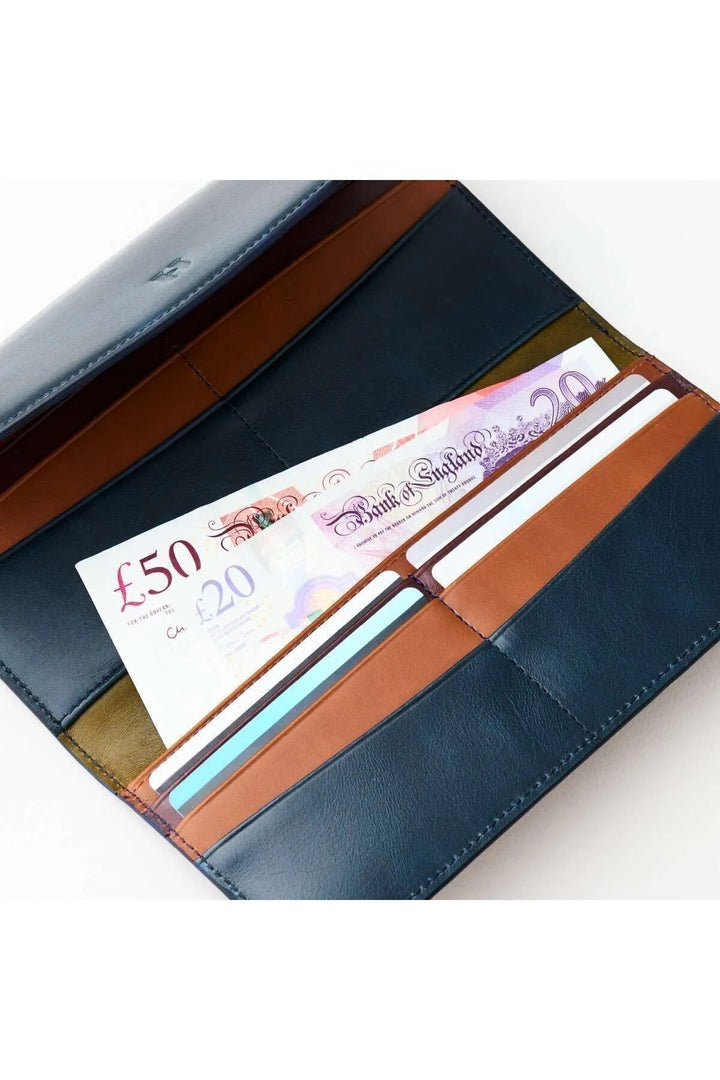 helmbrook Porte-cartes multi-baie Ashley en cuir pour femme avec fermeture à glissière protégée par RFID bleu marine et fauve