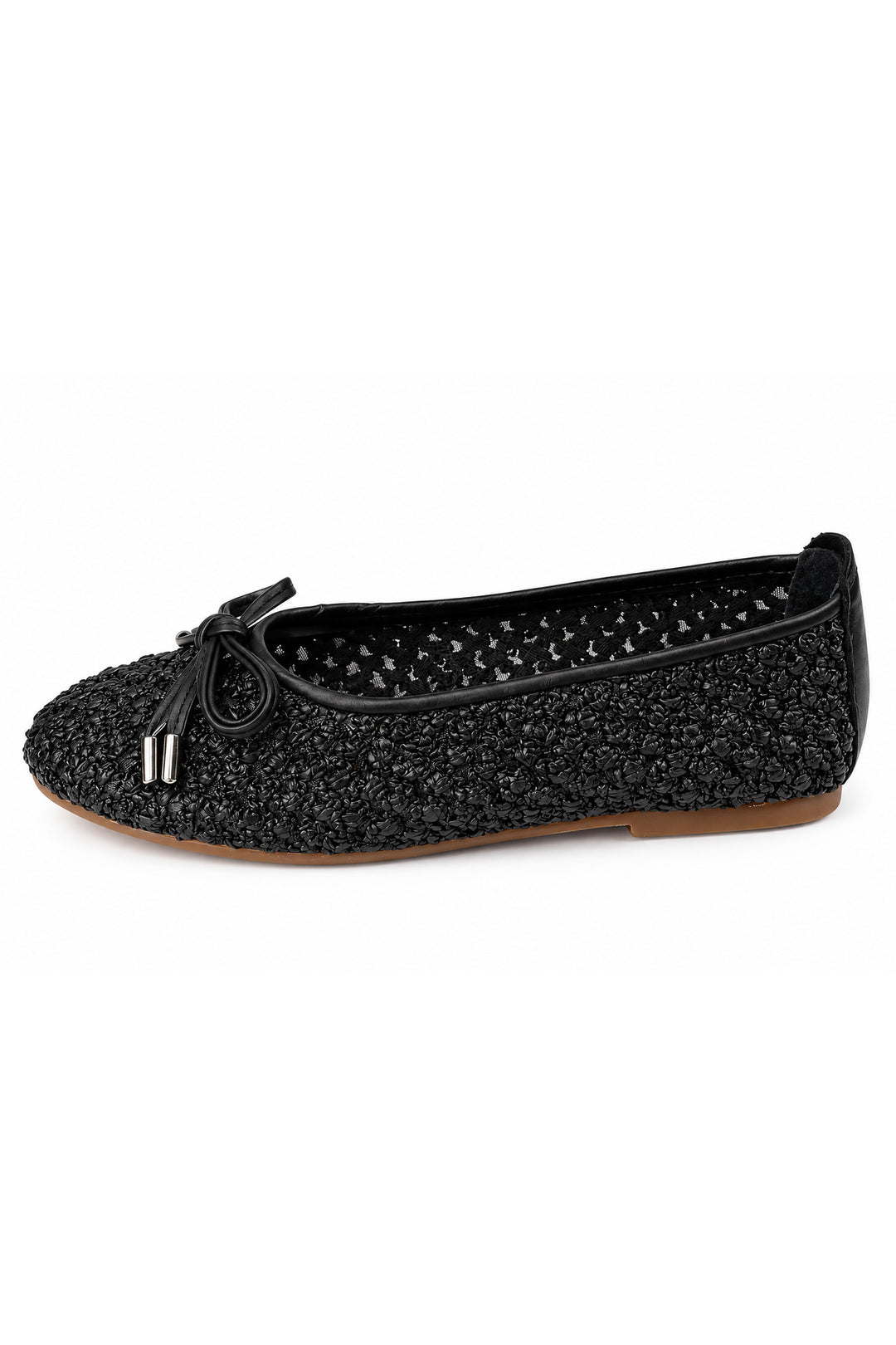 Wavelys Ballerines à lacets noires à embouts métalliques texturés pour femmes - Noir