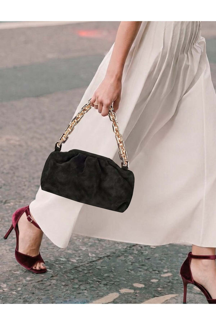 Cabani Shoes Sac à main pour femme en cuir de veau véritable avec chaîne noire. - Multicolore