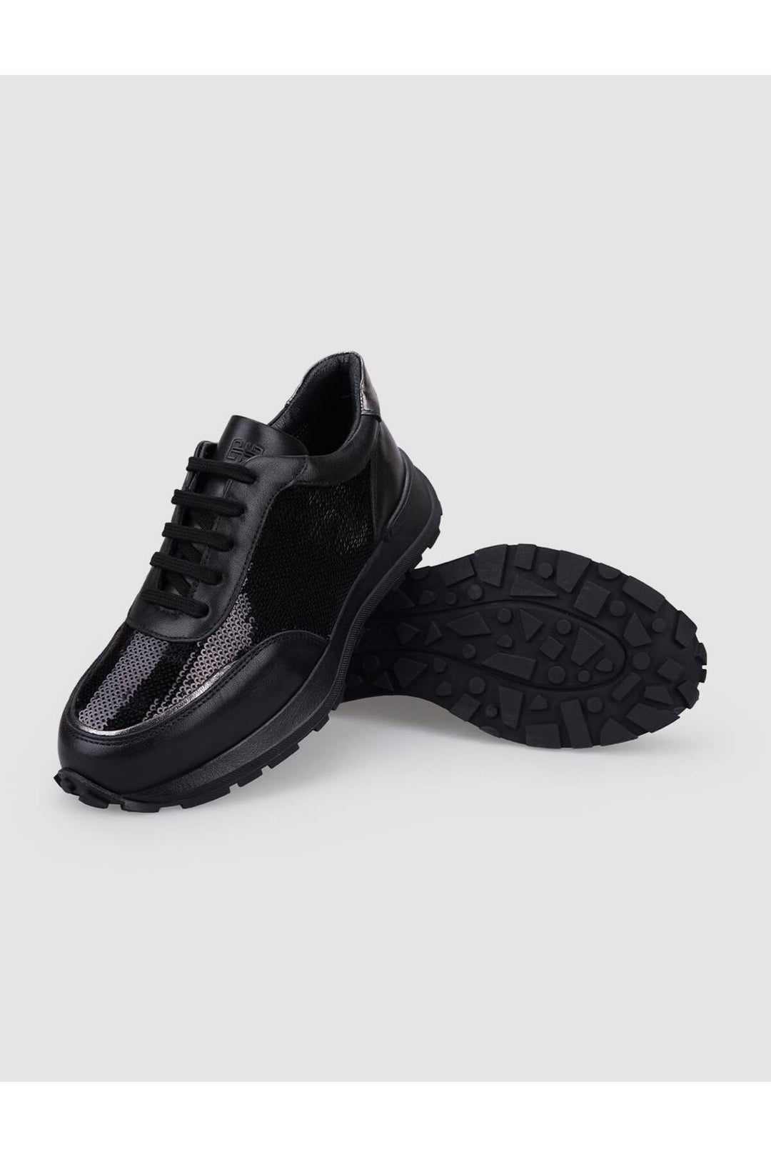 Cabani Shoes Baskets de sport pour femmes en cuir véritable noir avec détails en paillettes à lacets. - Noir