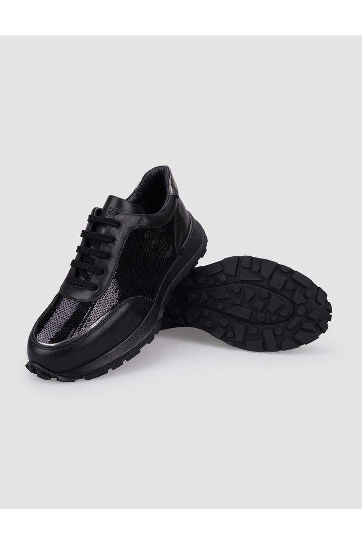Cabani Shoes Baskets de sport pour femmes en cuir véritable noir avec détails en paillettes à lacets. - Noir