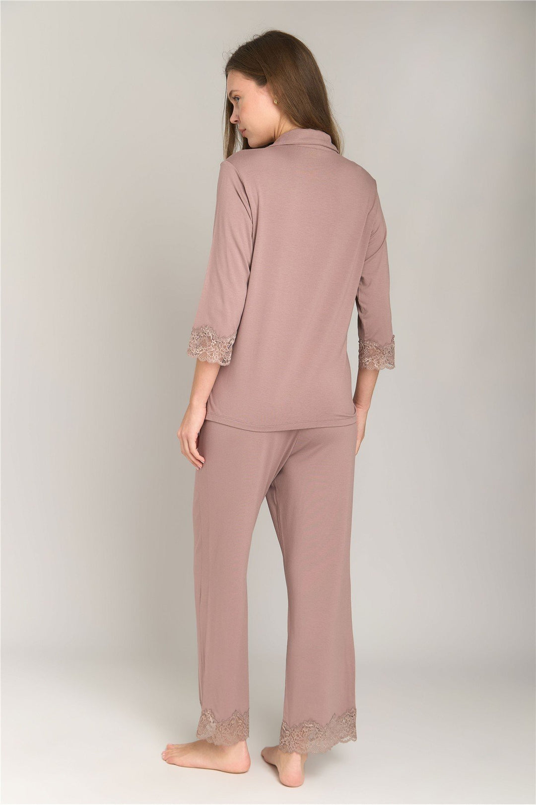 Lovely Things SOPHIA Örme 3/4 Kol Gömlek Pantolon Set Pijama Takımı - Kahverengi
