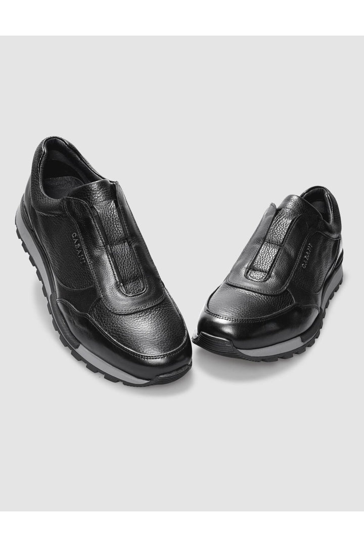 Cabani Shoes Chaussures de sport pour hommes en cuir véritable noir avec semelle en caoutchouc léger - Noir