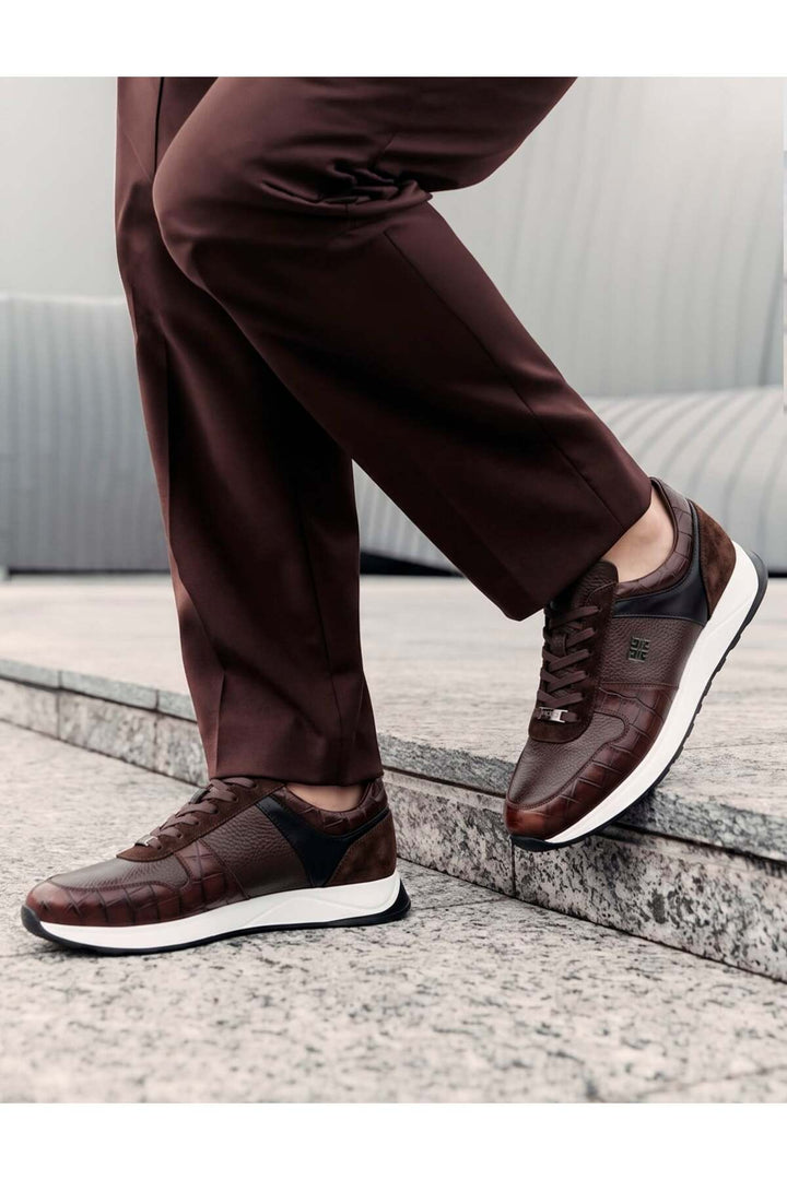 Cabani Shoes Baskets pour hommes en cuir véritable marron à lacets - Marron