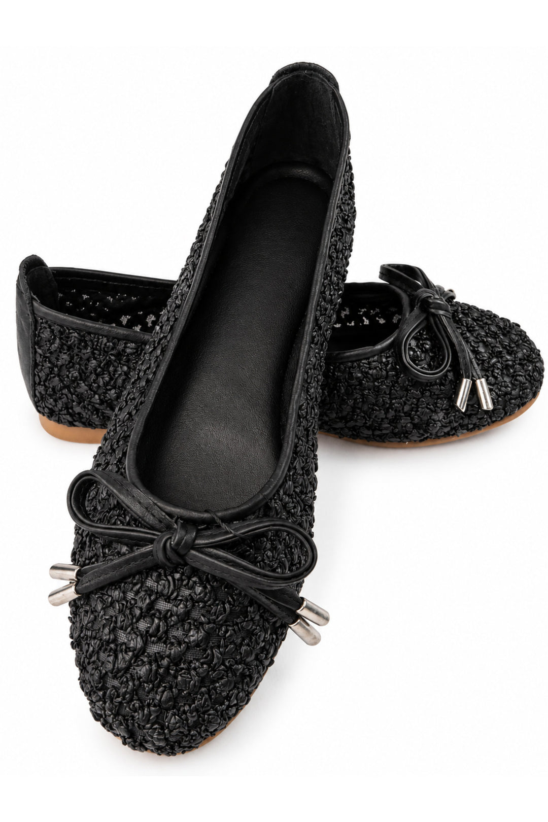 Wavelys Ballerines à lacets noires à embouts métalliques texturés pour femmes - Noir