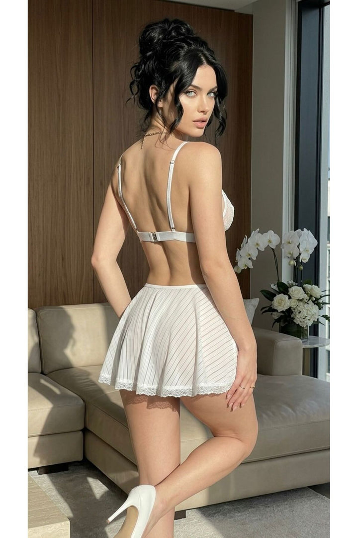 Velorastore Ensemble de lingerie femme avec jupe en tulle transparent - Blanc