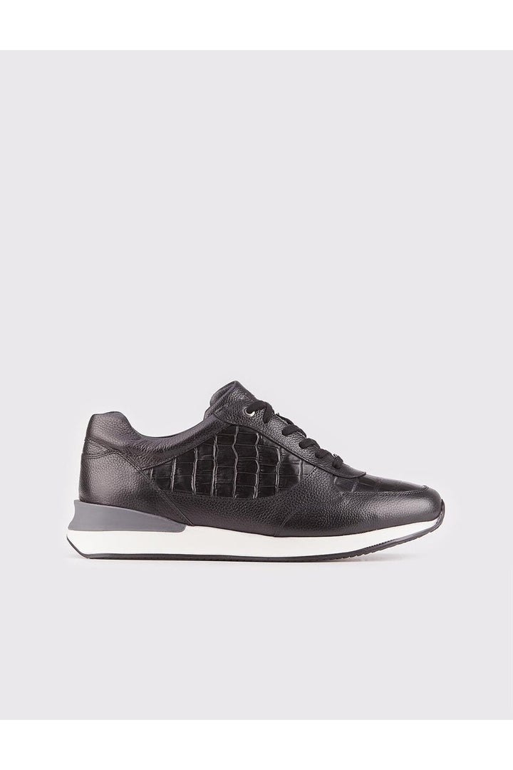 Cabani Shoes Chaussures de sport pour hommes en cuir véritable noir avec lacets imprimées Croco. - Noir