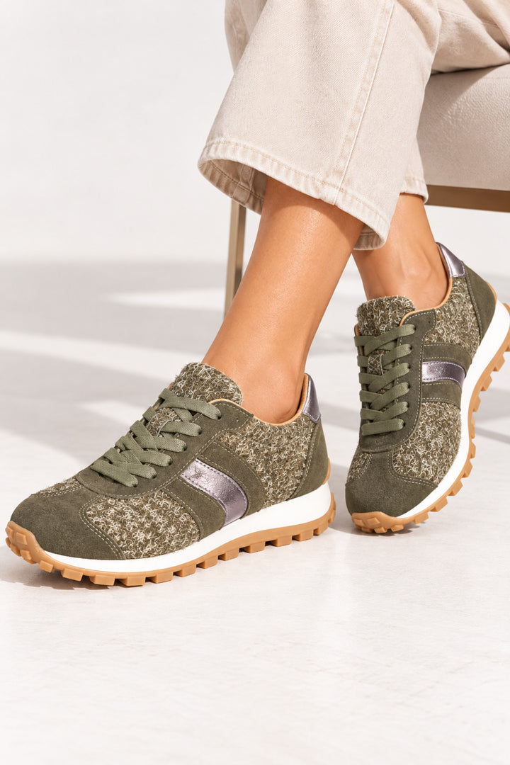 Wavelys Baskets confortables pour femmes en cuir suédé véritable kaki avec semelle en caoutchouc souple et flexible. - Kaki