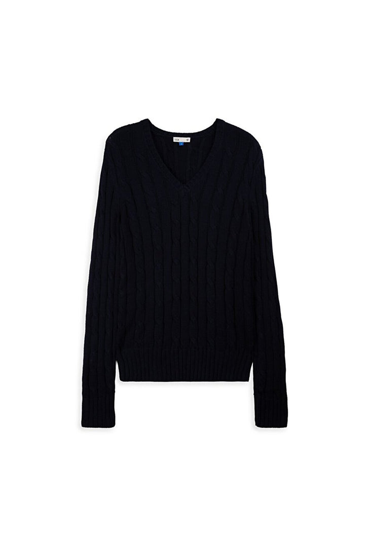 LTB Maille à manches longues et col en V Pull bleu marine
