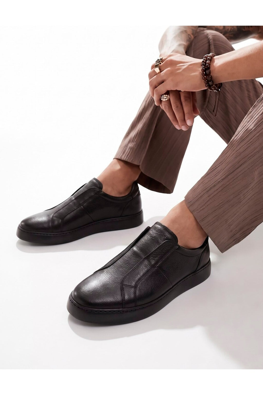 Cabani Shoes Baskets pour hommes en cuir véritable noir sans lacets - Multicolore