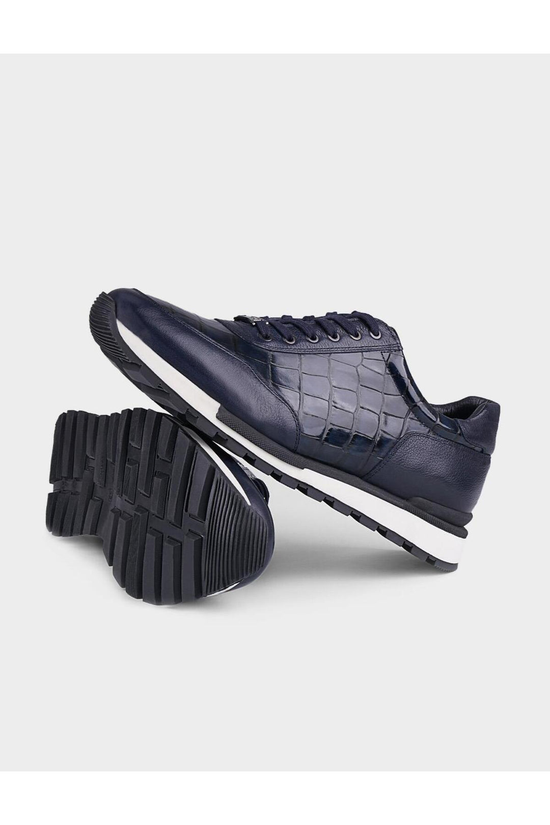 Cabani Shoes Chaussures de sport pour hommes en cuir véritable bleu marine avec imprimé crocodile et lacets. - Bleu marine