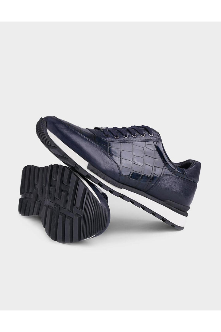 Cabani Shoes Chaussures de sport pour hommes en cuir véritable bleu marine avec imprimé crocodile et lacets. - Bleu marine