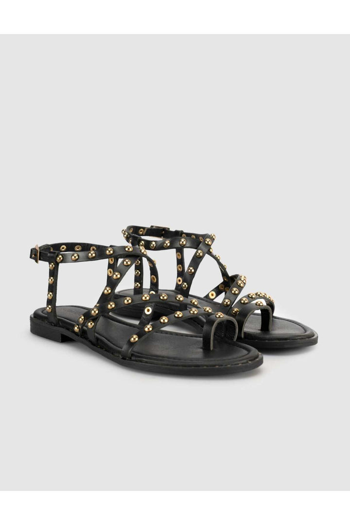 Cabani Shoes Sandales gladiateurs en cuir véritable avec détails en pierre noire pour femmes - Noir