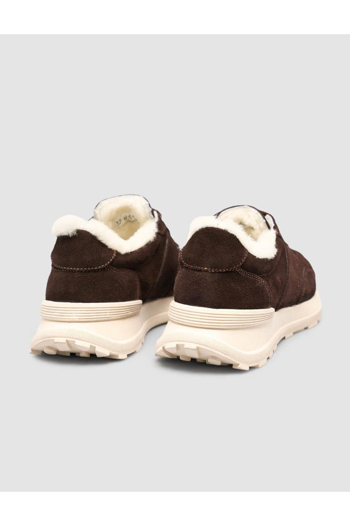 Cabani Shoes Baskets de sport pour femmes en cuir véritable 100% en daim marron avec fourrure. - Marron