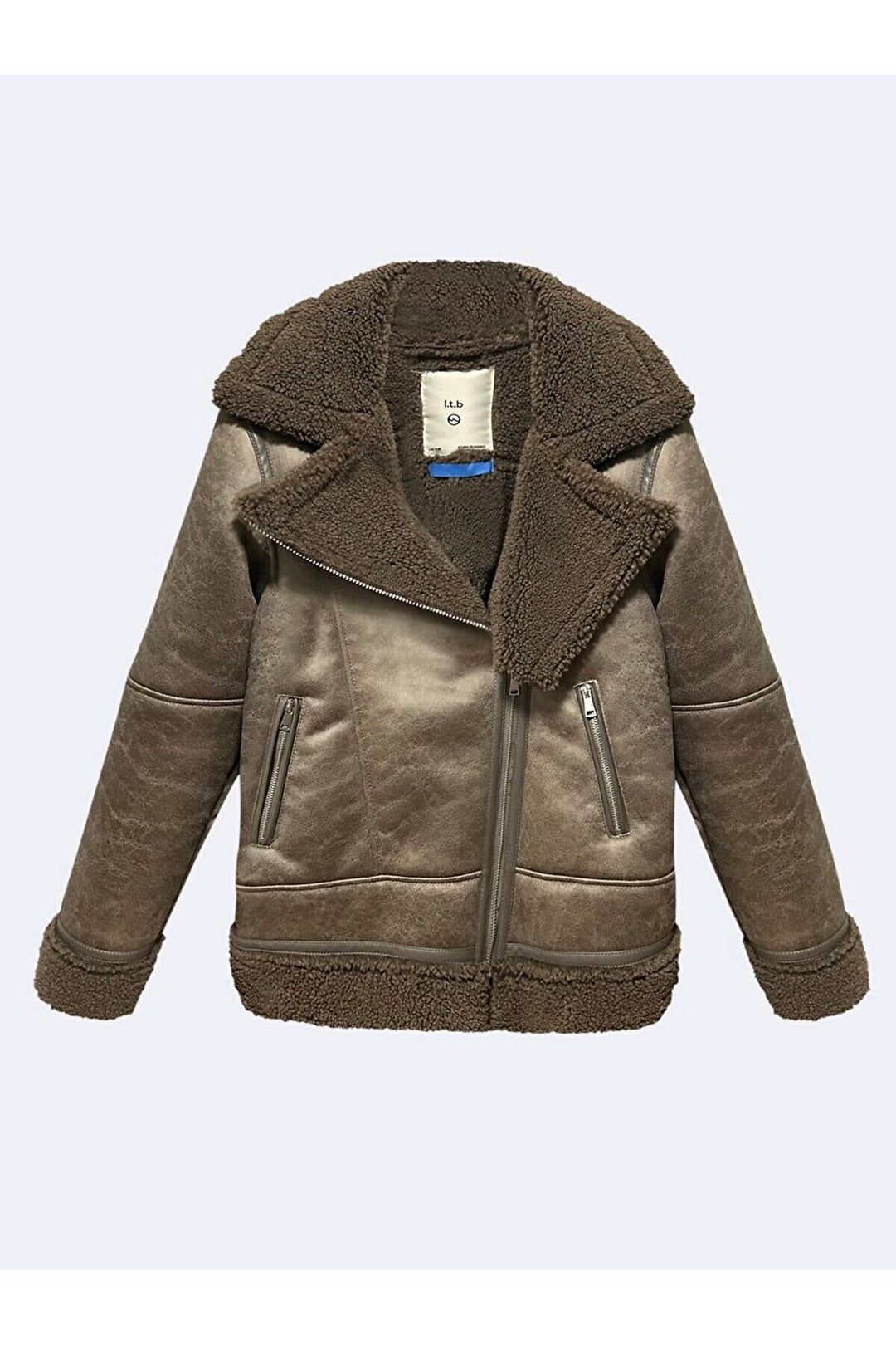 LTB Veste en fourrure beige avec fermeture éclair en simili cuir