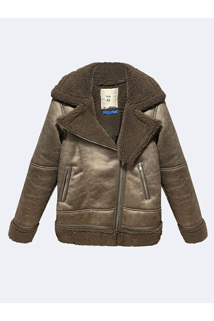LTB Veste en fourrure beige avec fermeture éclair en simili cuir