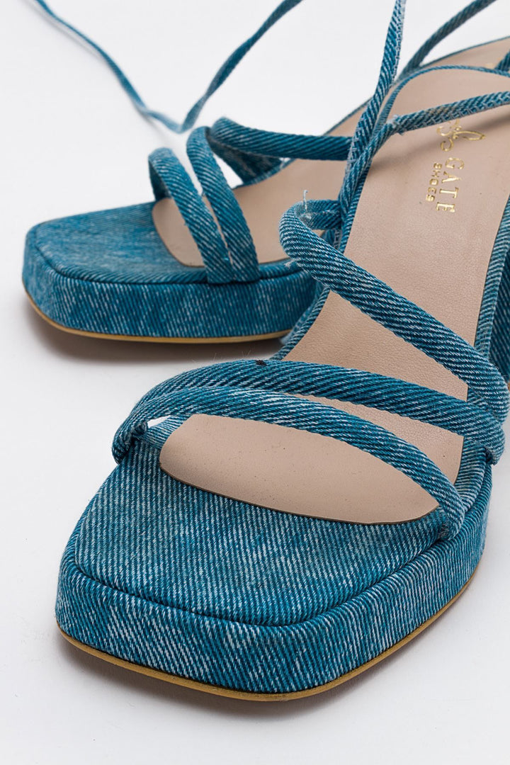 Wavelys Sandales à talons compensés avec bande et cordon pour femmes Carisa Platform Gate Shoes - Denim bleu