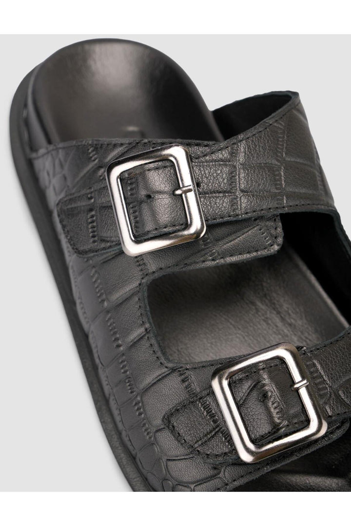 Cabani Shoes %100 Cuir Véritable Sandale Homme Noir Motif Croco - Multicolore