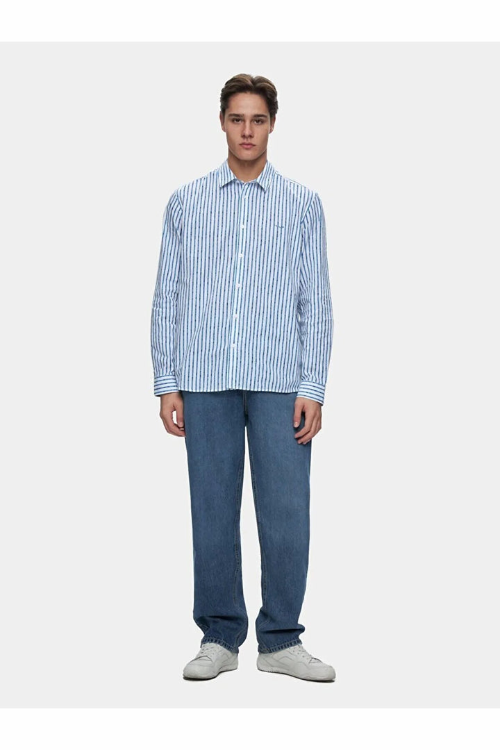 LTB Chemise crème à manches longues régulières rayée aspect lin