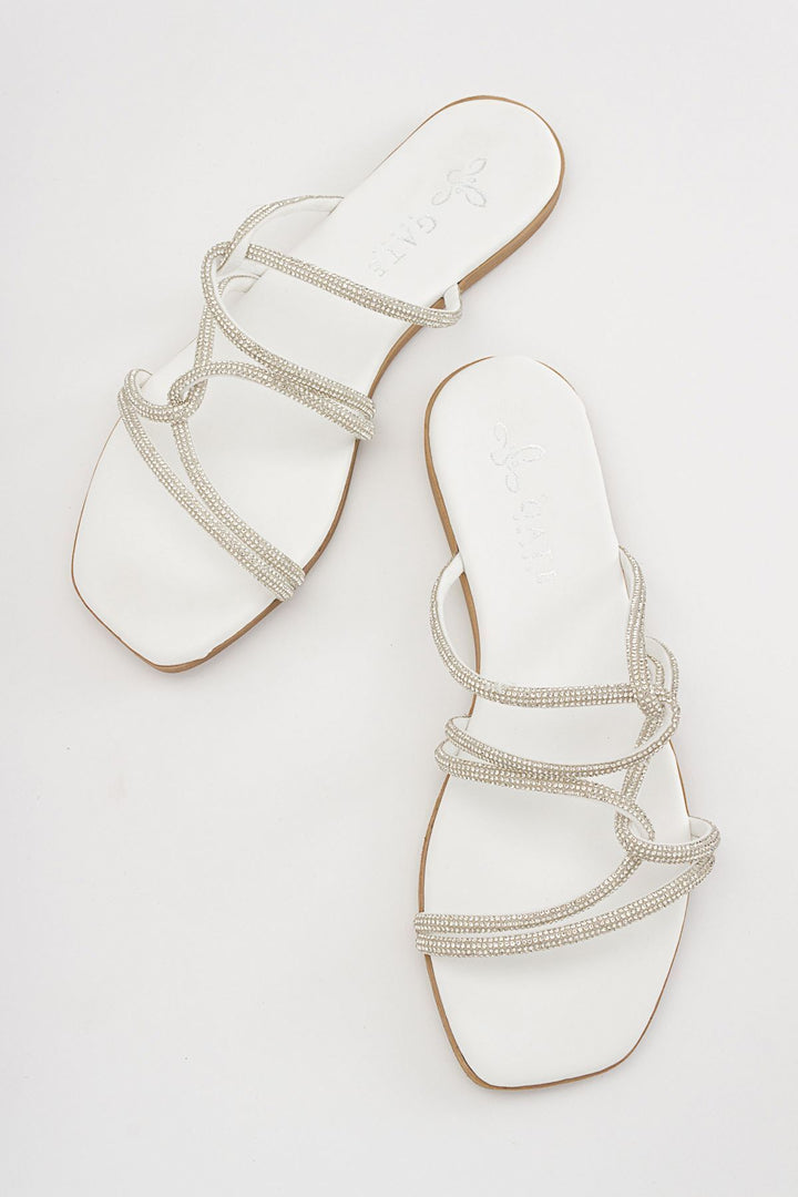 Wavelys Sreta Sandale d'été femme à semelle basse avec pierres brillantes - Blanc