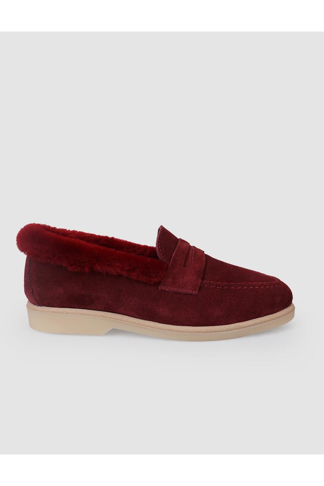 Cabani Shoes %100 Cuir véritable Mocassins en suède bordeaux pour femmes avec fourrure - Bordeaux