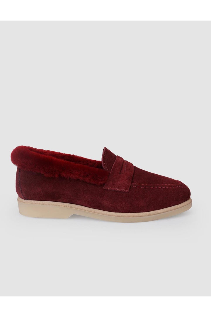 Cabani Shoes %100 Cuir véritable Mocassins en suède bordeaux pour femmes avec fourrure - Bordeaux